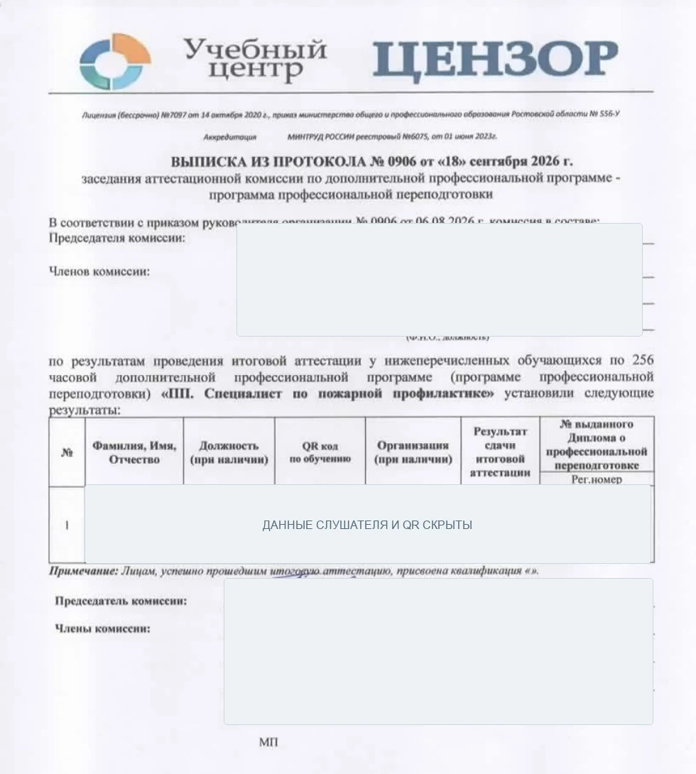 Обезличенный образец выписки из протокола итоговой аттестации